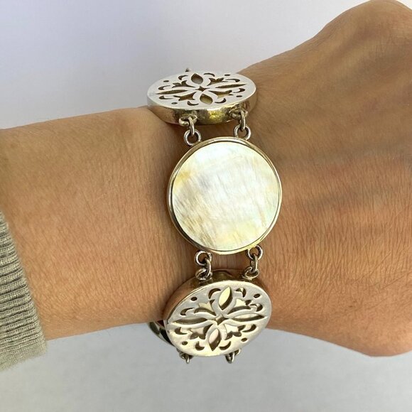 Sterling Silver 925 Mother Of Pearl Floral Open Work Chunky Panel Bracelet 7.25" - Picture 1 of 16